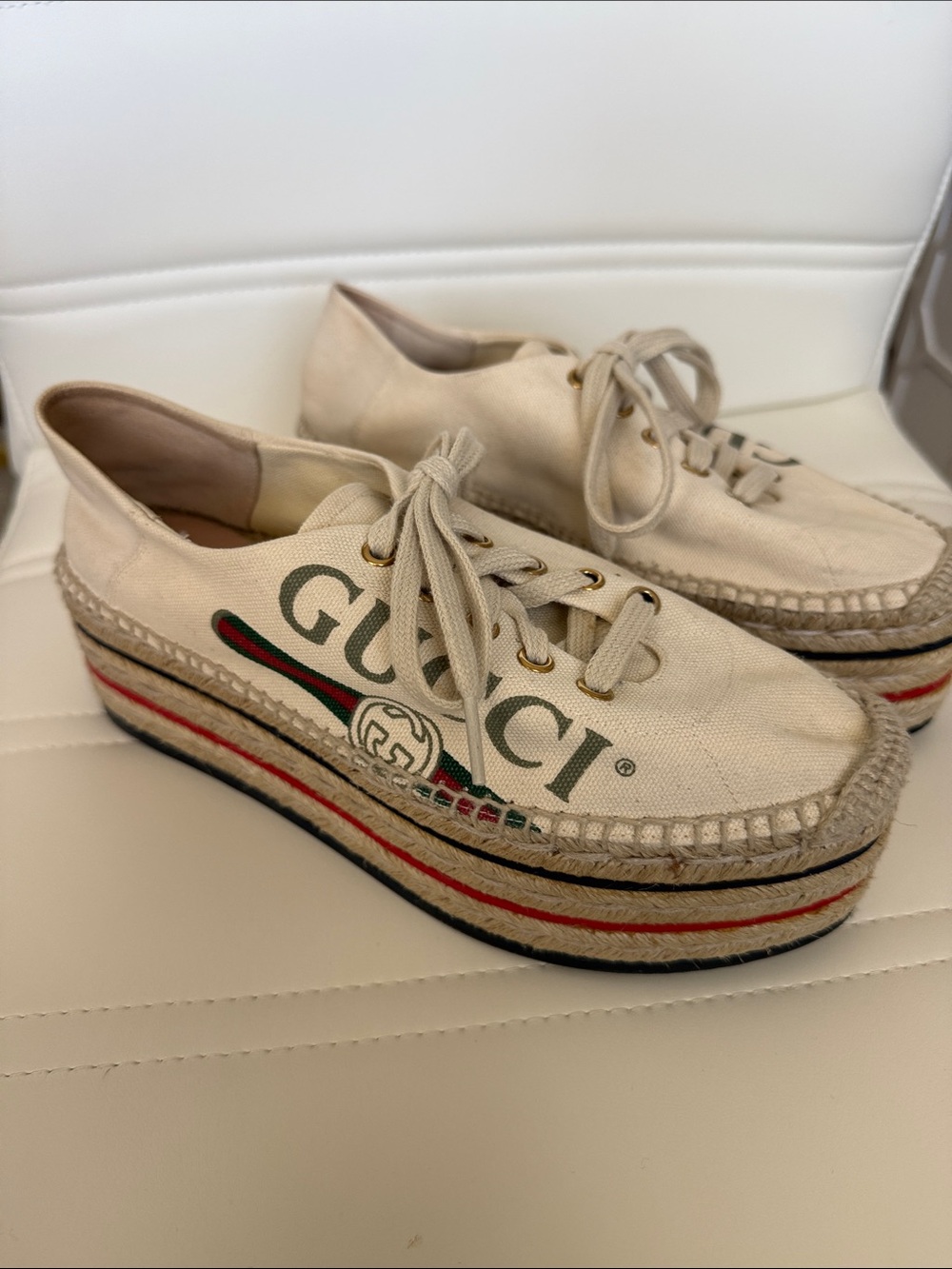 Gucci Cream Canvas Platform Sneakers with Green-Red-Blue Trim